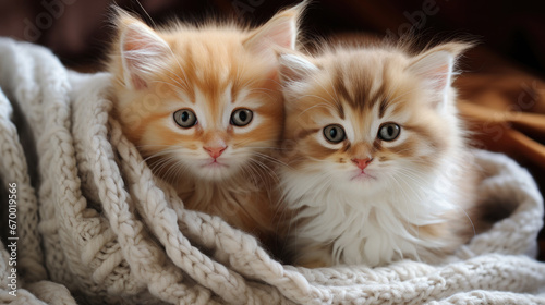 cute fluffy long-haired cats on a knitted blanket in a wicker basket, kittens, pets, domestic, postcard, wallpaper, animal, care, eyes, whiskers, wool, comfort, home, portrait, feline