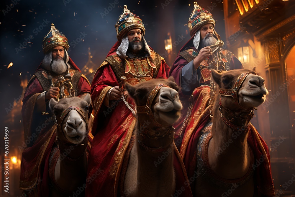 The three wise men on their camels, Reyes Magos concept