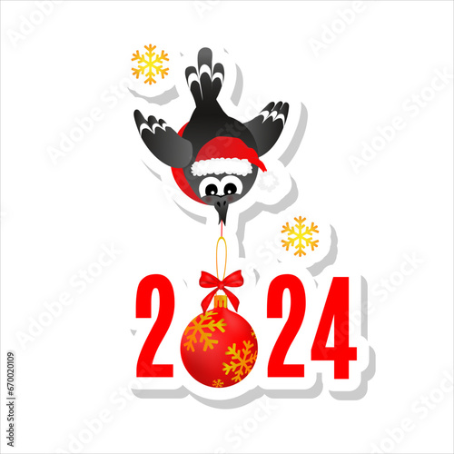 Sticker with cute, funny  bullfinch. Vector illustration EPS10.