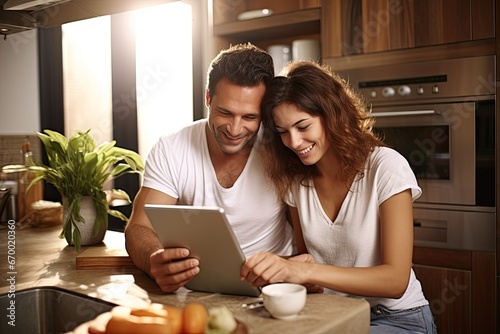 Cheerful couple sitting in the kitchen, using a tablet and enjoying each other's company in their modern home.