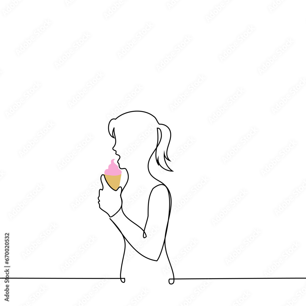 woman eating pink ice cream in a cone - one line art vector. concept sweet tooth, ice cream connoisseur woman eating pink ice cream in a cone - one line art vector. concept sweet tooth, ice cream connoisseur