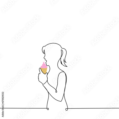 woman eating pink ice cream in a cone - one line art vector. concept sweet tooth, ice cream connoisseur
