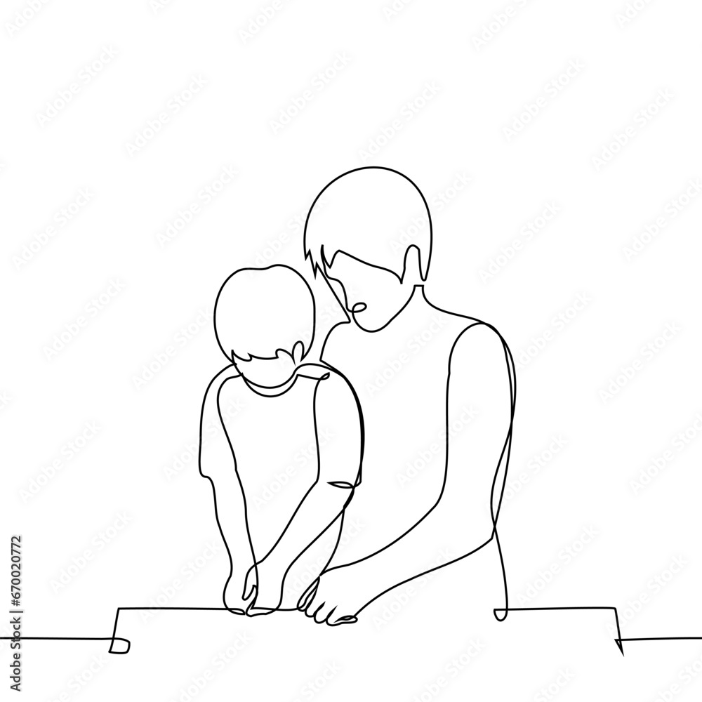 father and little son are doing something with their hands - one line art vector. concept handicrafts, activities with a child, teacher and student father and little son are doing something with their hands - one line art vector. concept handicrafts, activities with a child, teacher and student