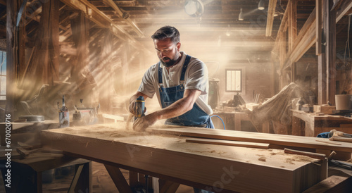 a worker is working in a wooden workshop