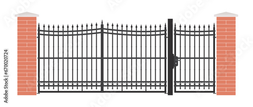 Vector vintage iron gate with bricks with door. Isolated on white background.