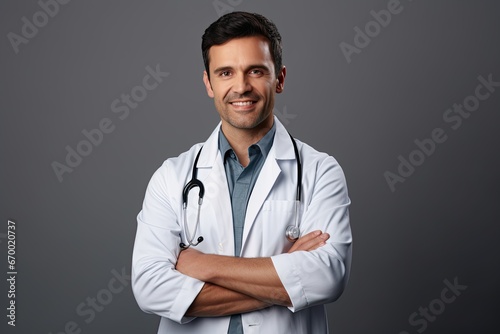 Confident and friendly male doctor with a stethoscope, wearing a white lab coat and standing in a studio against a gray background with his arms crossed.
