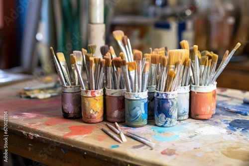 different-sized paint brushes on a painters table