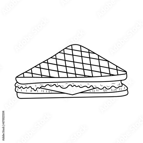 Sandwich with cheese and vegetables. Fast food linear icon. American street food. Hand drawn doodle illustration.