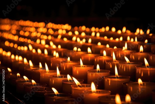 rows of lit candles glowing in the darkness