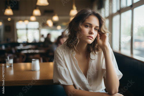 Pensive woman sitting by herself in a restaurant at lunch break