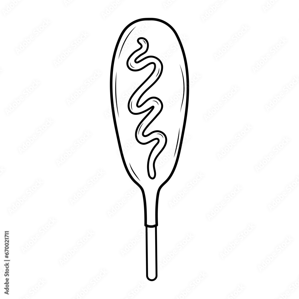 Sausage in dough on a stick with mustard. Corn dog. Fast food linear icon. American or Korean street food. Hand drawn doodle illustration. Sausage in dough on a stick with mustard. Corn dog. Fast food linear icon. American or Korean street food. Hand drawn doodle illustration.