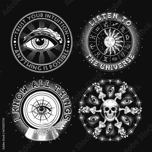 Set of labels with magic crystal ball, zodiacal signs, human skull, text. Surreal, mystic, occult concept. For clothing, apparel, T-shirts, surface decoration. Vintage style illustration on black