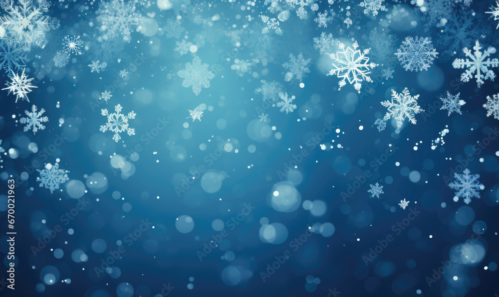 Serene winter scene with gentle snowflakes and ethereal bokeh against a deep blue sky.