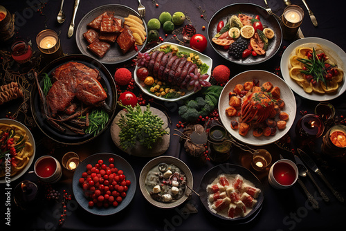 A top view on wooden table full of various dishes for Christmas celebration