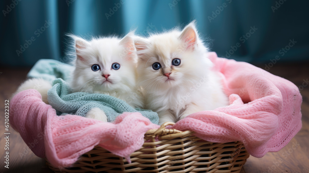 two cute fluffy long-haired white cats on a knitted blanket in a wicker basket, kittens, pets, domestic, postcard, wallpaper, animal, care, eyes, whiskers, wool, comfort, home, portrait, feline