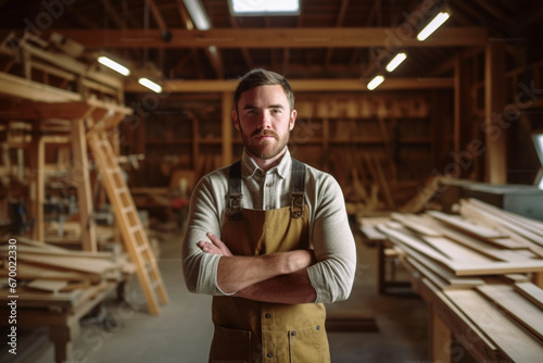 Portrait of a Caucasian young adult carpenter standing in a workshop with his hands folded looking at camera