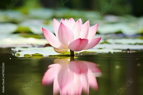 a single lotus blossom floating in a tranquil pond
