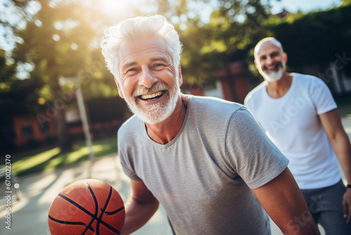 Portrait of a cheerful senior man exercising outdoors with his senior male friends, leading a healthy lifestyle and holding a basketball, smiling © alisaaa