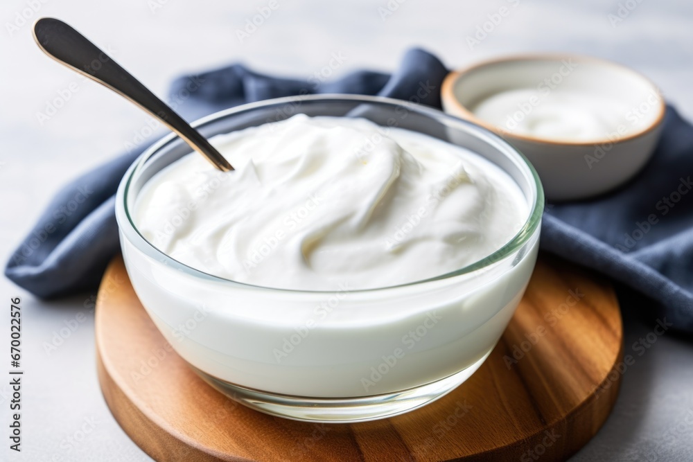 plain greek yogurt in a bowl with a spoon beside plain greek yogurt in a bowl with a spoon beside