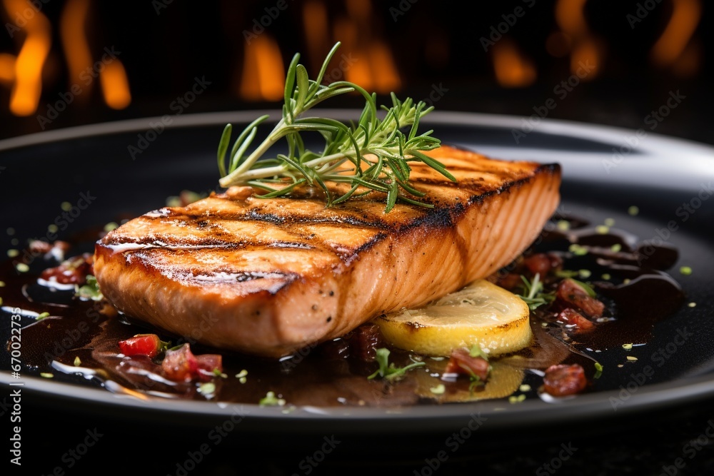 Culinary Elegance: Detailed Shot of Grilled Salmon in an Upscale Restaurant Culinary Elegance: Detailed Shot of Grilled Salmon in an Upscale Restaurant