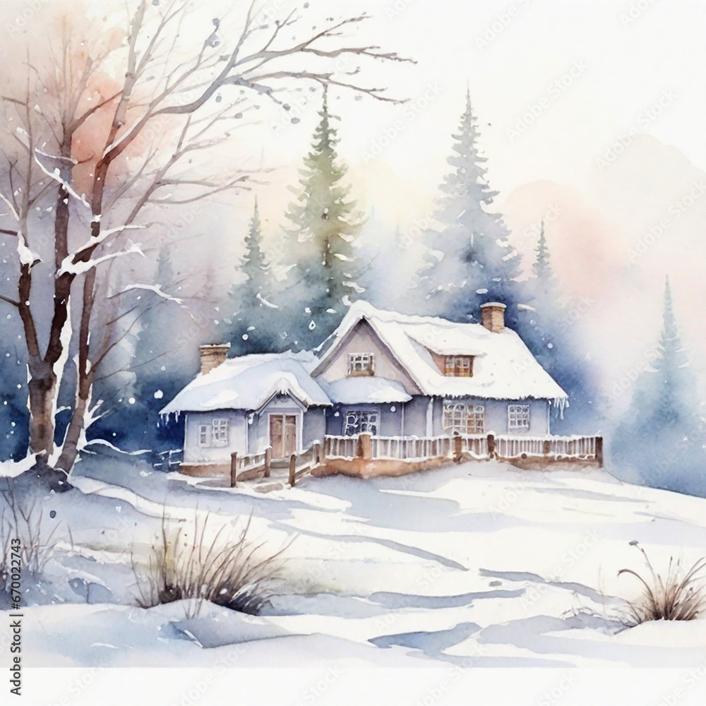 Naklejka premium Watercolor Winter Season And Watercolor Winter House Background