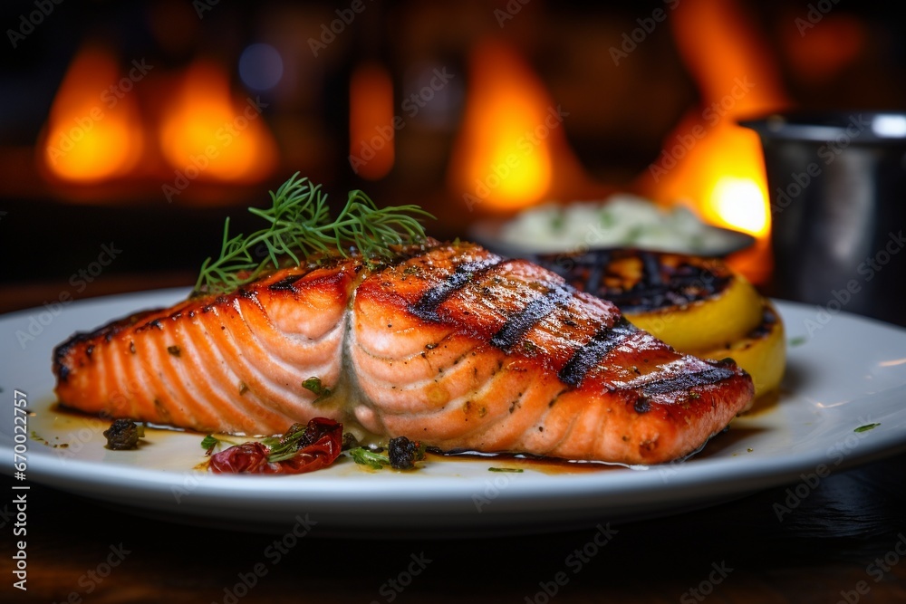 Luxury Dining: Grilled Salmon Fillet on a Restaurant Plate Up Close Luxury Dining: Grilled Salmon Fillet on a Restaurant Plate Up Close