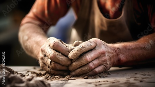 Craftsman's dedication, close-up shot of an artisan's weathered hands sculpting clay, the attention to detail and love for the craft evident in every movement.