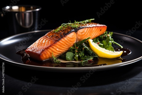 Luxury Dining: Grilled Salmon Fillet on a Restaurant Plate Up Close