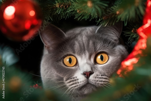Portrait of a grey cat with yellow eyes on christmas