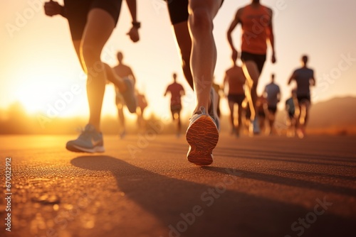 Morning Run: Group of Runners on Seaside Trail at Sunrise