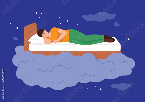 a man sleeps sweetly on a cozy and soft bed like on a cloud