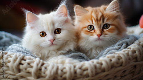cute fluffy long-haired cats on a knitted blanket in a wicker basket, kittens, pets, domestic, postcard, wallpaper, animal, care, eyes, whiskers, wool, comfort, home, portrait, feline