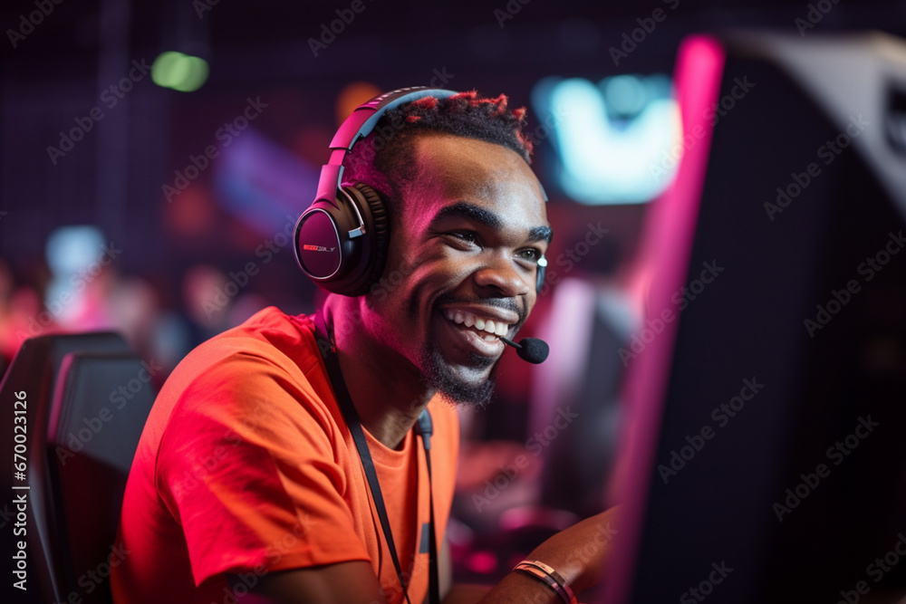 Portrait of a happy african guy, professional gamer wearing headphones looking at camera and smiling while participating in eSport tournament