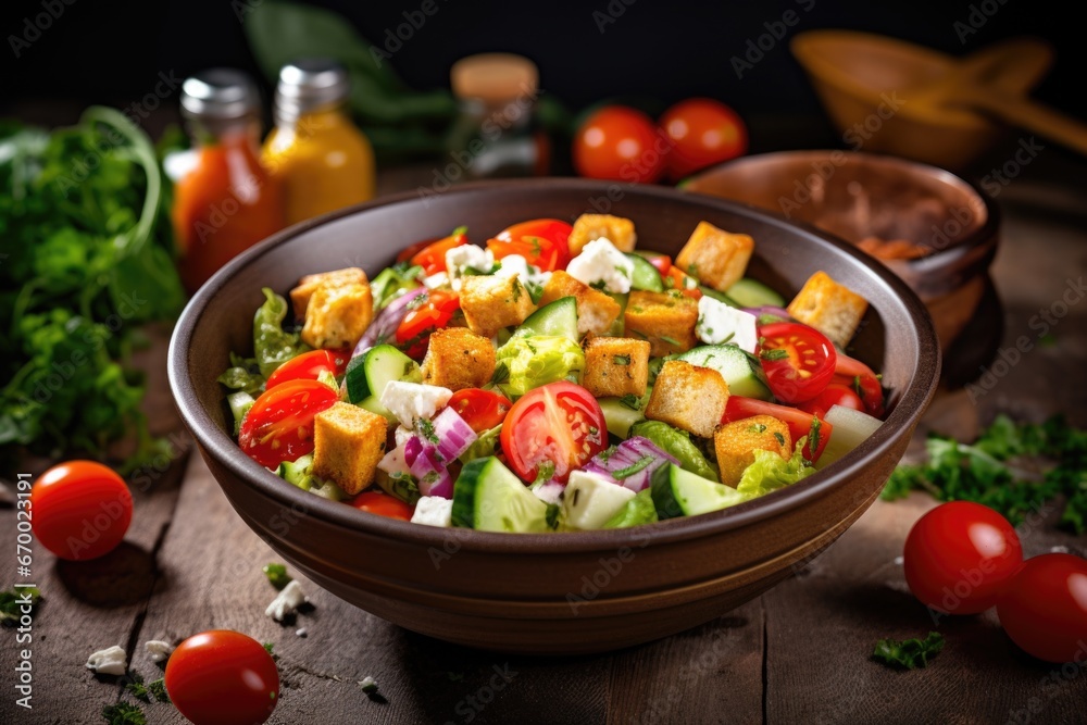 a bowl of salad with various vegetables and croutons