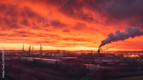 Dawn over industrial expanse, panoramic shot of sprawling factories silhouetted against a fiery sunrise, a testament to human ingenuity and industrial prowess.