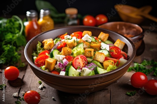 a bowl of salad with various vegetables and croutons