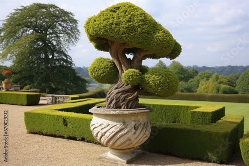 a beautifully sculpted topiary in a large pot photo