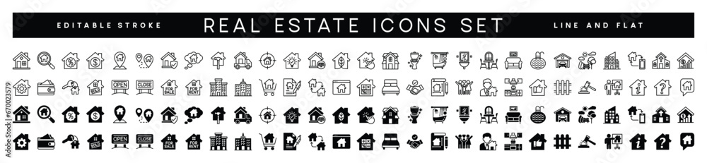 Real Estate minimal line and flat web icon set. House, realty, property, mortgage, home loan, rent, key, buy, insurance and more for app and website. Outline icons collection. Vector illustration Real Estate minimal line and flat web icon set. House, realty, property, mortgage, home loan, rent, key, buy, insurance and more for app and website. Outline icons collection. Vector illustration