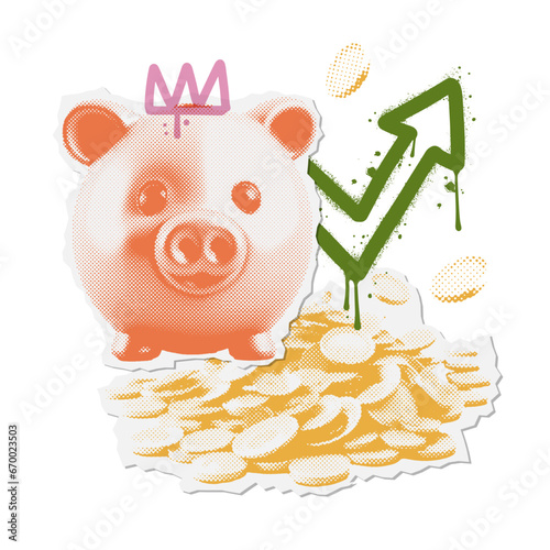 Trendy stock banner with Halftone piggy bank , coins stack and graffiti arrow up sign. Vintage zine grunge elements. Set Retro Finance Poster for Social Media. Vector illustration.