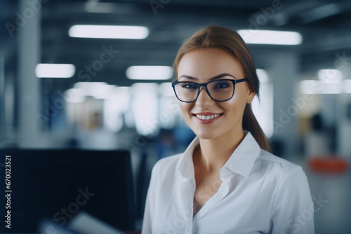 Portrait of a Happy Smiling Young Beautiful Female Engineer Wearing Glasses and White Hard Hat in Office at Car Assembly Plant, Industrial Specialist Working on Vehicle Design in Modern Facility