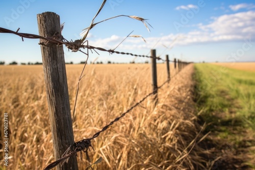 a barbed wire fence sectioning off a field