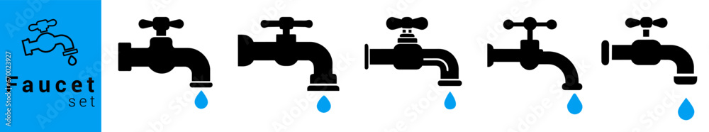 Faucet icons set. Water tap outline icon in black colors. Faucet icons set. Water tap outline icon in black colors.