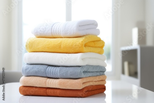 a row of stacked warm towels in a clean, bright room