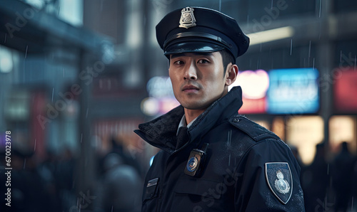 Focused Korean police officer stands authoritatively against a bustling city backdrop.