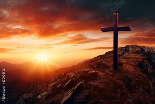 Religious Symbolism: Cross at Dusk Over the Mountains