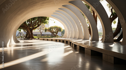 Space for product display in a concrete hallway with a park background.