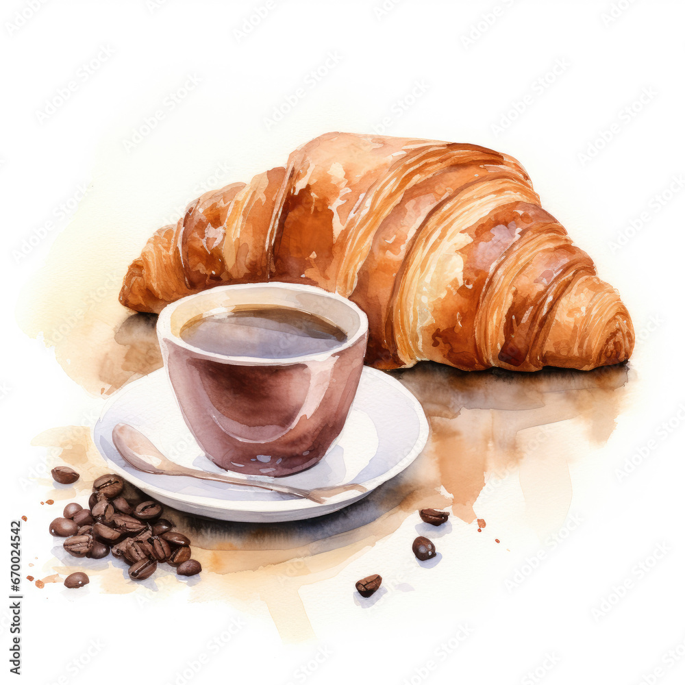 Sweet watercolor cake on white background. Chocolate croissant and coffee Sweet watercolor cake on white background. Chocolate croissant and coffee
