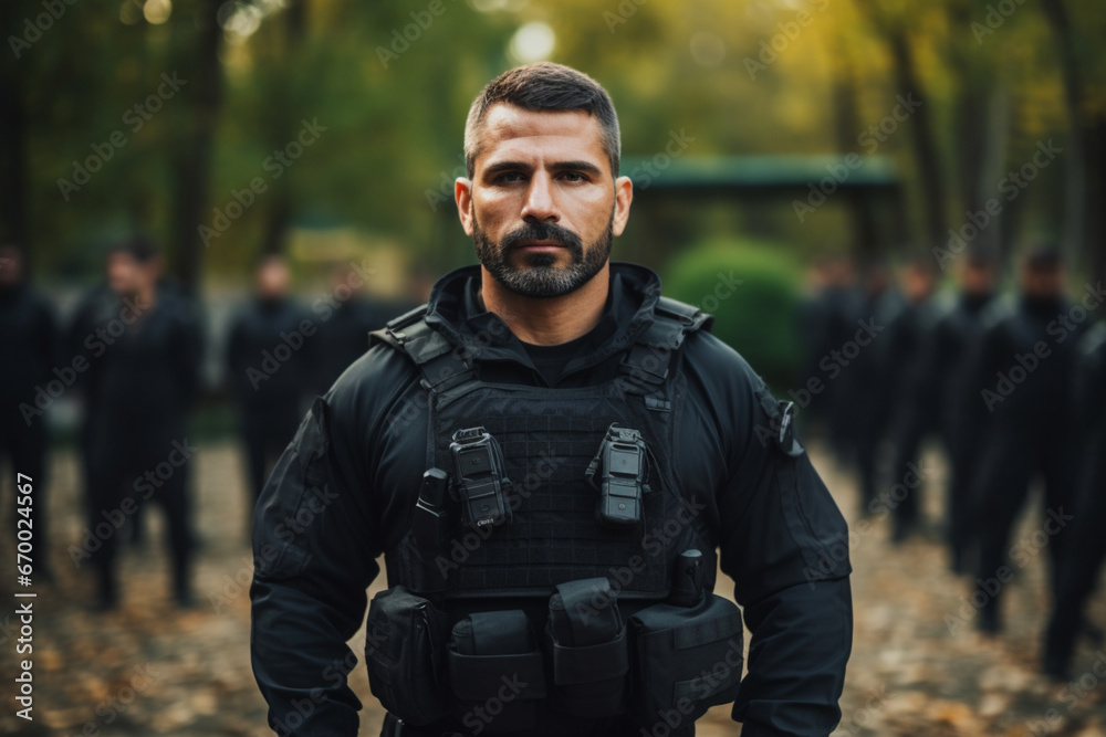 Portrait of a SWAT team soldier standing on training grounds outdoors