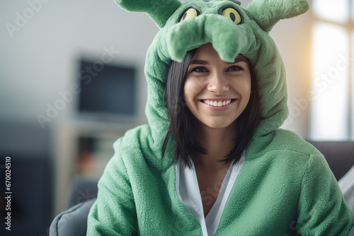 Portrait of a woman in a plush green dragon costume as a symbol of the new year