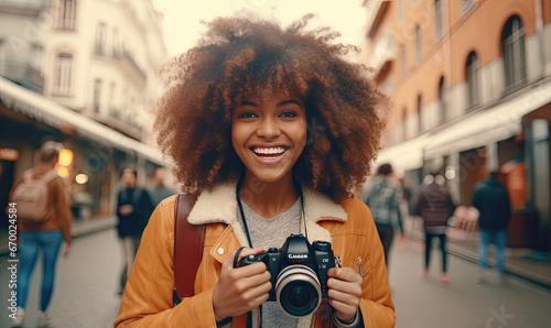 Cheerful African American tourist captures moments.